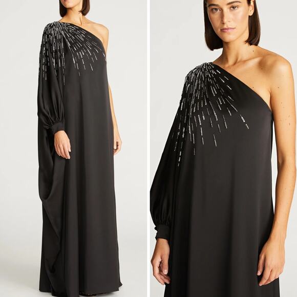 NWT HALSTON DRESS CAPE GOWN CHAYA BLACK SATIN SEQUIN BEADED ONE SHOULDER LONG - Picture 1 of 16